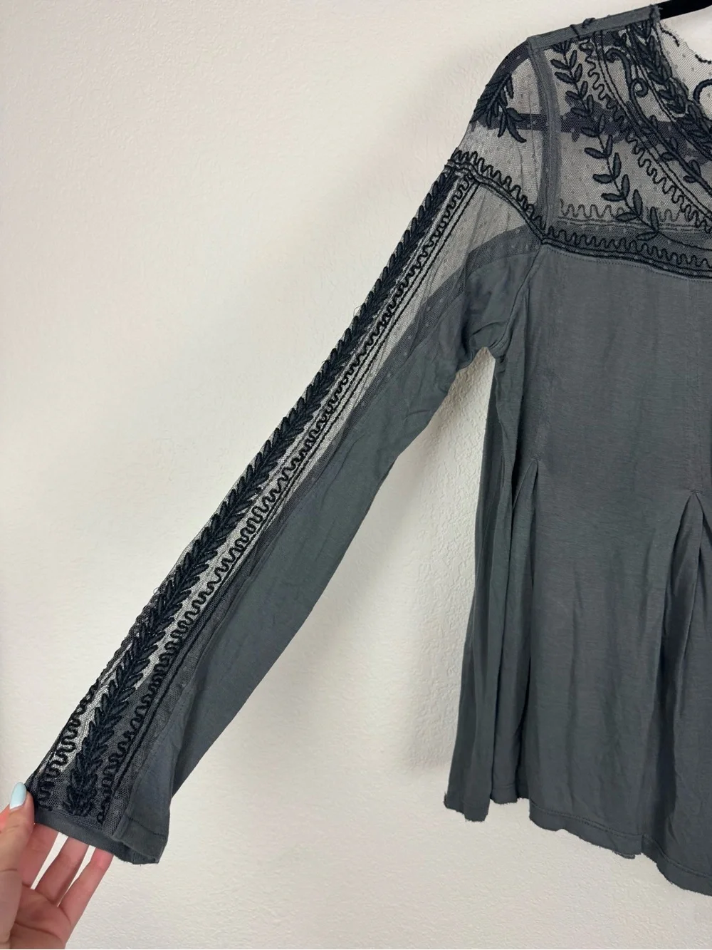 Free People Grey Gray Long Sleeve Lace Sheer Detail Top Boho Bohemian Western